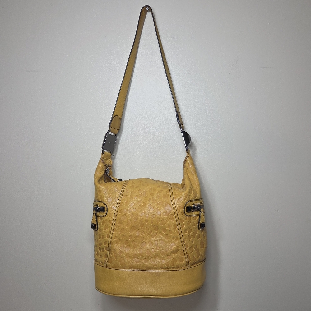 betsey johnson bucket bag embossed animal mustard yellow leather hobo 90s y2k